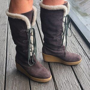 Michael Kors Chocolate Brown Tall Suede Faux Shearling Winter Wedge Boots, 9